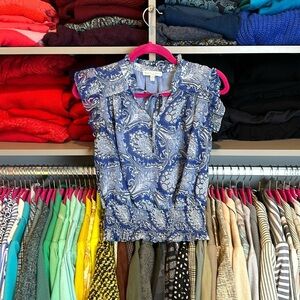 Mauson de Amelie blue with metallic threads print v neck blouse size XS